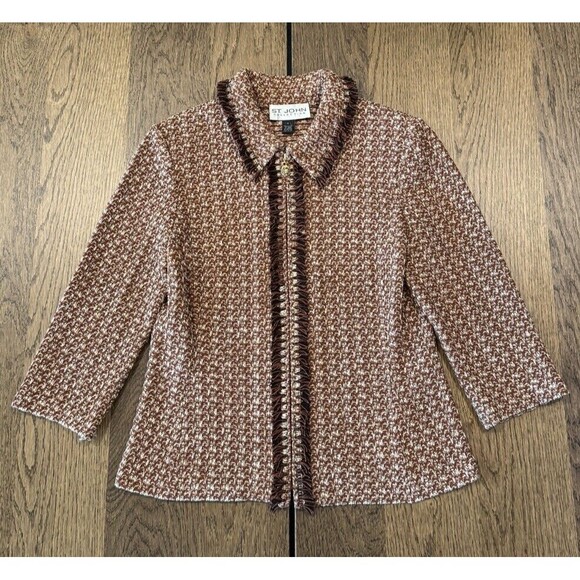 St. John Knit Painterly Tweed Boucle Jacket Women’s Sz 6 Russet Fringe Full Zip - Picture 1 of 12